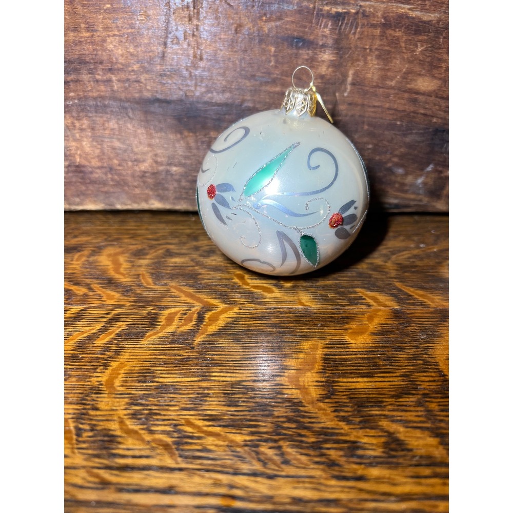 Demdaco Glass Ball Christmas Ornament Iridescent Floral Glitter Silver Green Red